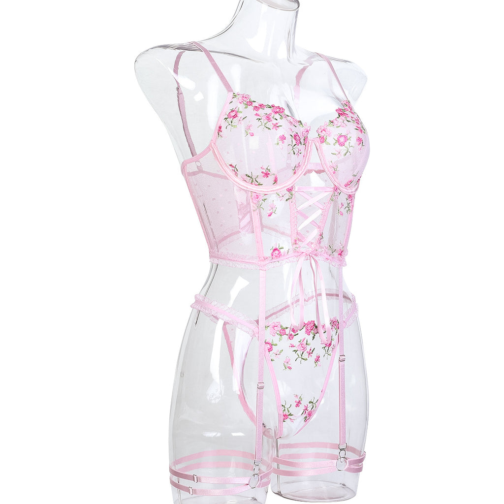 Elegant Floral Lace 3-Piece Lingerie – Bra, Briefs & Cute Lace-Up Details