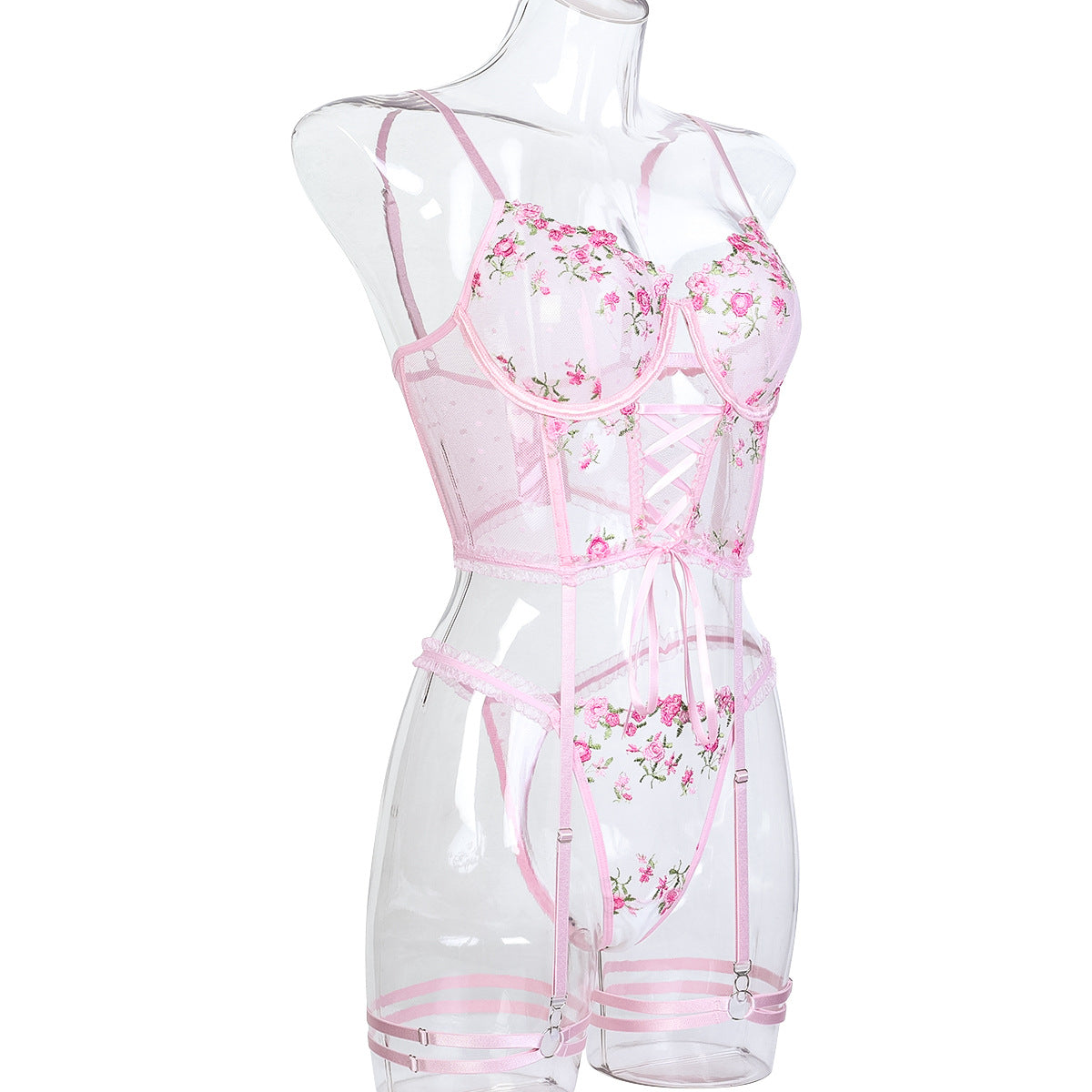 Elegant Floral Lace 3-Piece Lingerie – Bra, Briefs & Cute Lace-Up Details