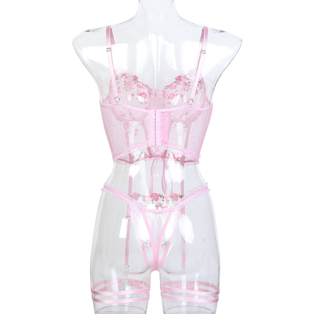 Elegant Floral Lace 3-Piece Lingerie – Bra, Briefs & Cute Lace-Up Details