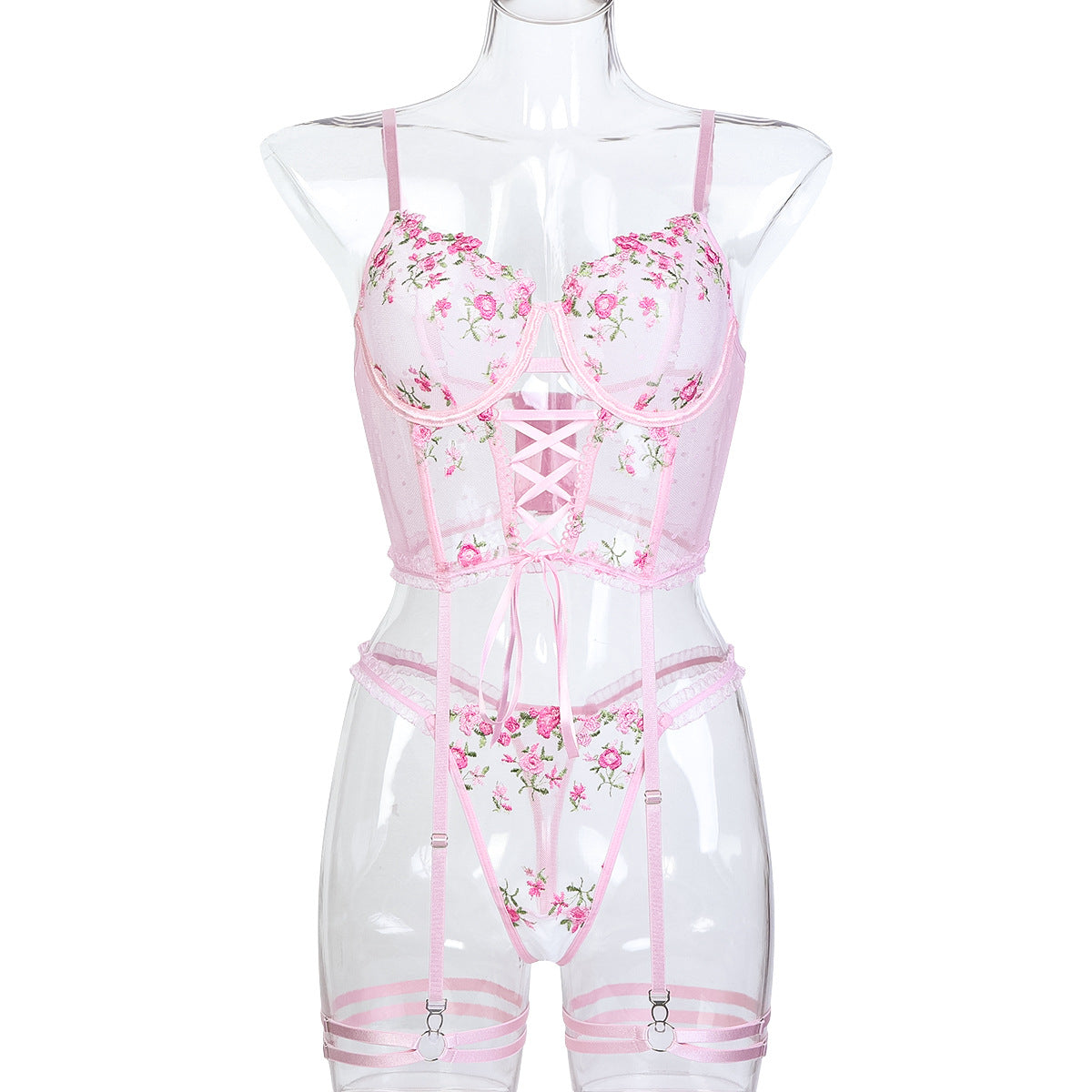 Elegant Floral Lace 3-Piece Lingerie – Bra, Briefs & Cute Lace-Up Details