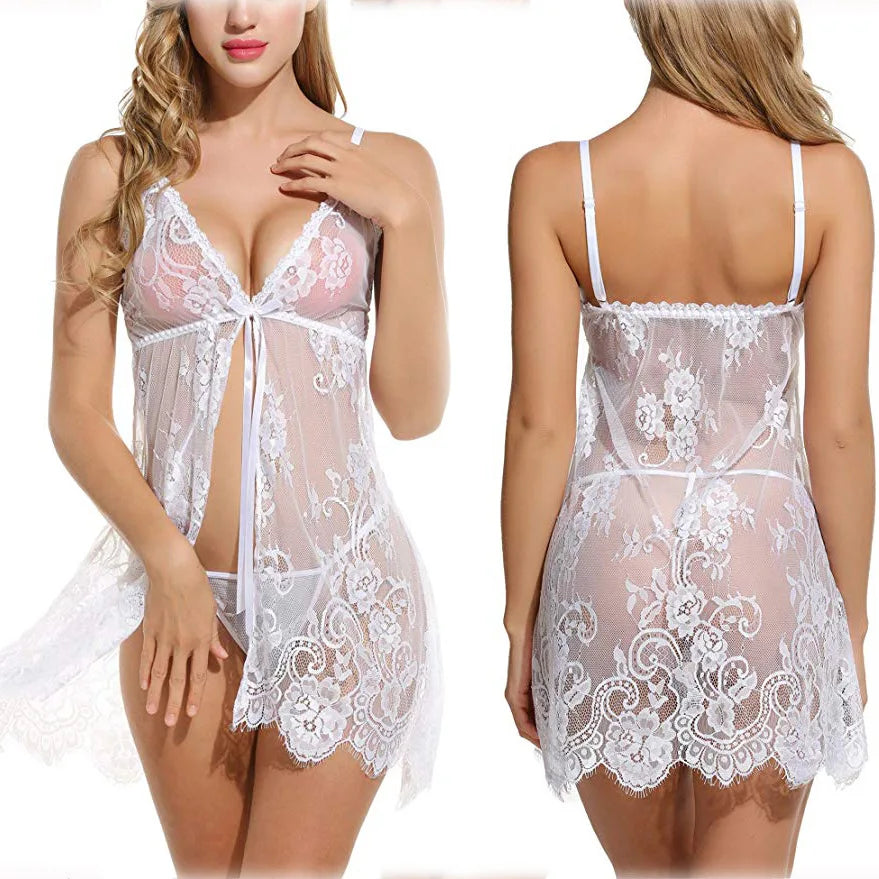 Sugar Midnight Sheer Lace Nightdress  Deep V-Neck Babydoll Sleepwear for Women | Elegant Club & Evening Lingerie