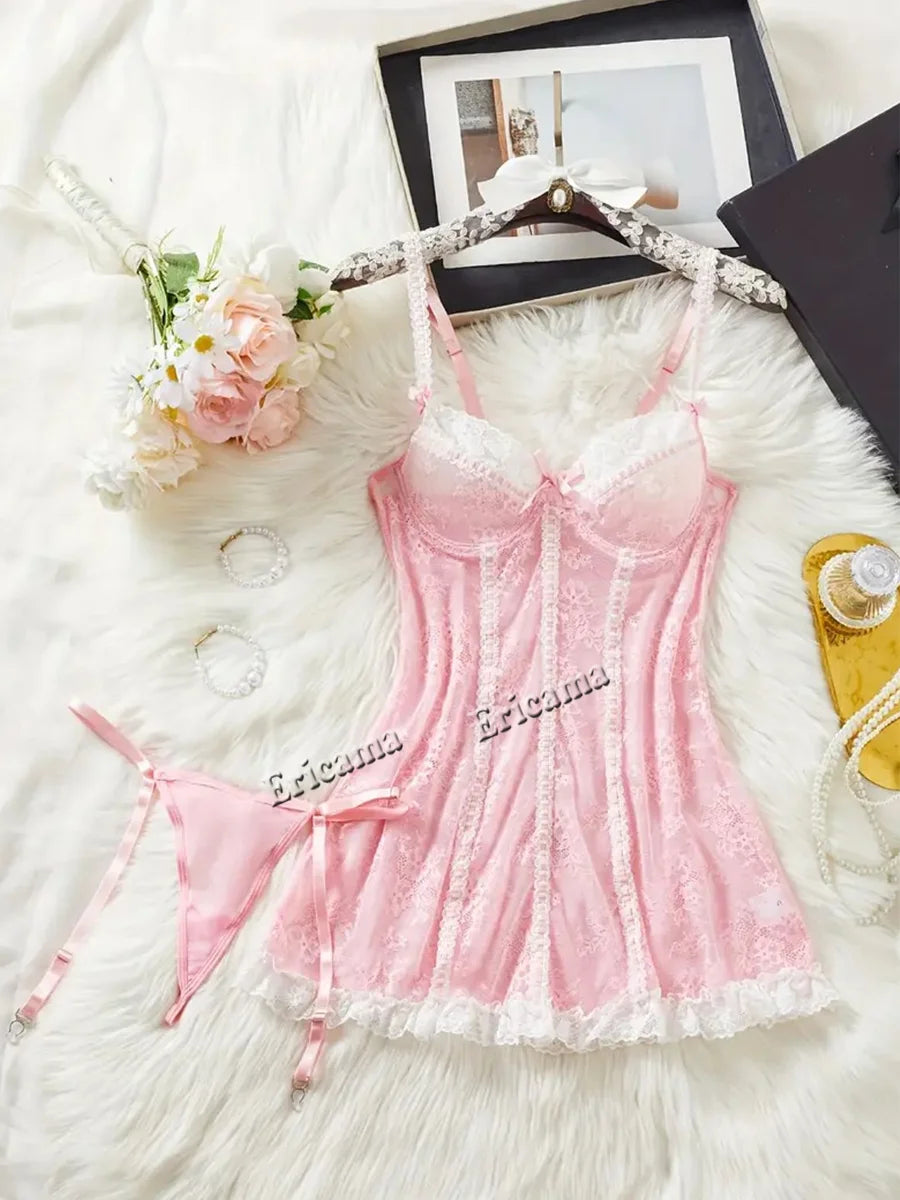 Sugar Midnight Sexy Two-Piece Lingerie Set – See-Through Lace Suspender Set for Women