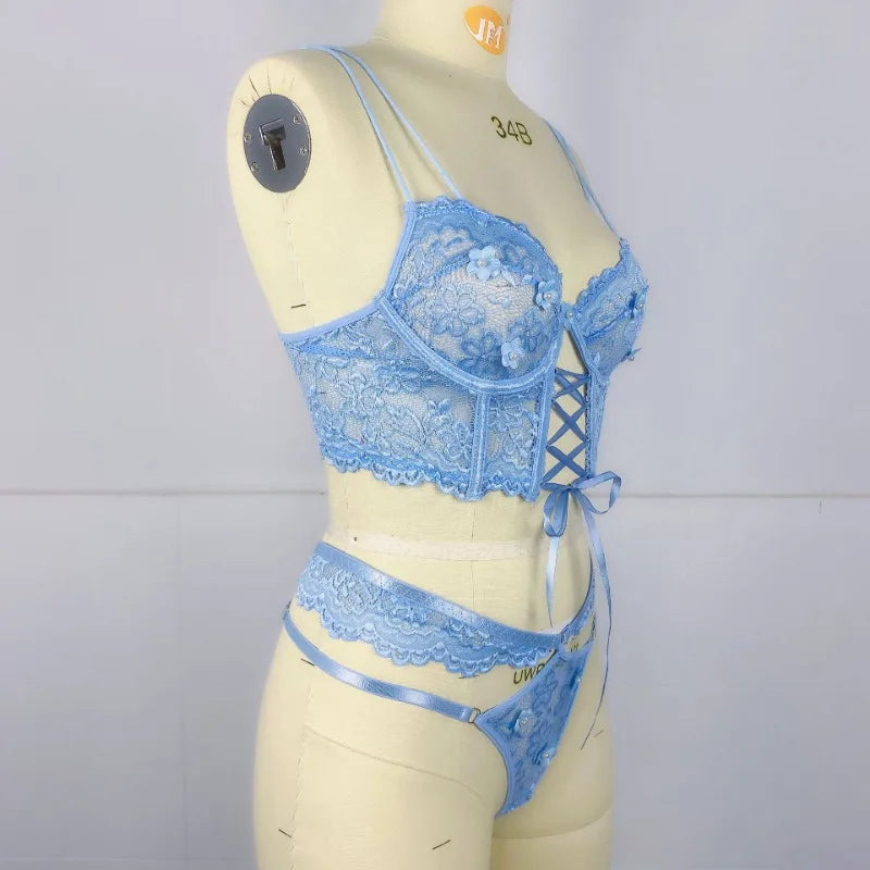 Flirty Beaded Floral Lace Bra & Panty – Sexy Hollow-Out Lingerie Set