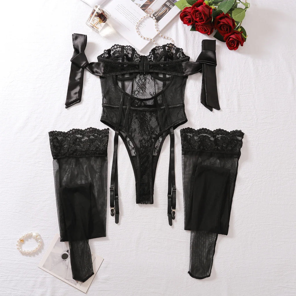 Sugar Midnight Lace Sheer Lingerie Set – Backless Slim-Fit Two-Piece Bodysuit for an Elegant, Curved Silhouette