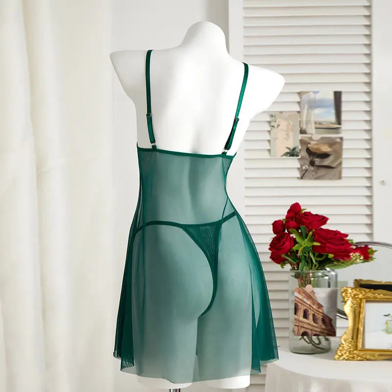 Elegant Wine Red Nightgown – Semi-Sheer Wheat Ear Embroidery & Bow Accent