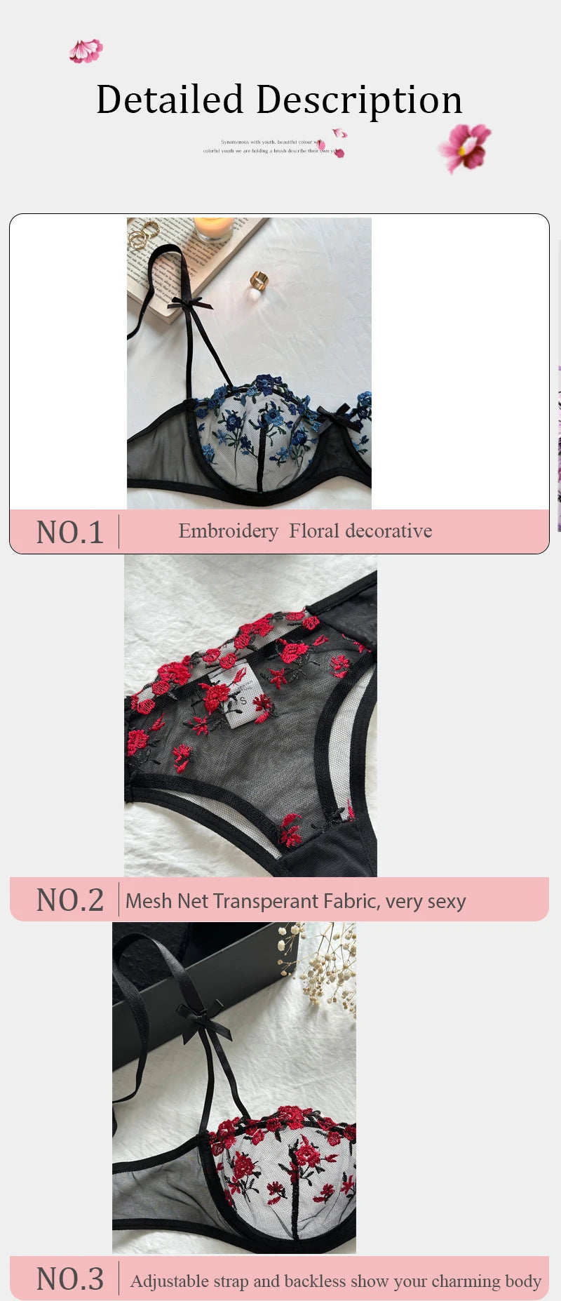 Night Beautiful Sexy Women 2 Piece floral Embroidery Underwear Sexy Erotic lingerie underwear Set