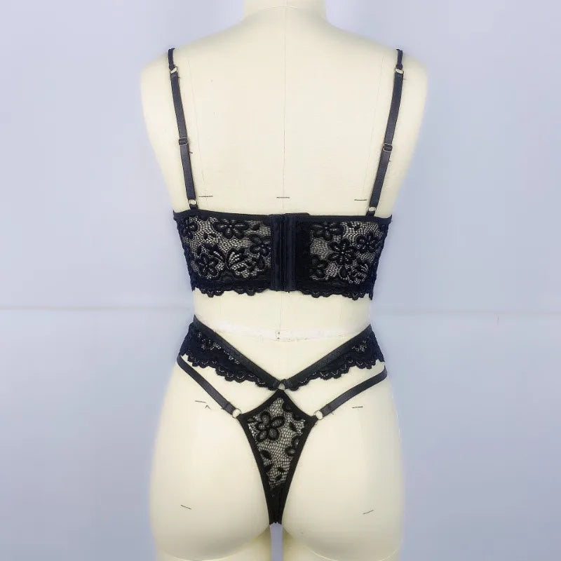 Flirty Beaded Floral Lace Bra & Panty – Sexy Hollow-Out Lingerie Set