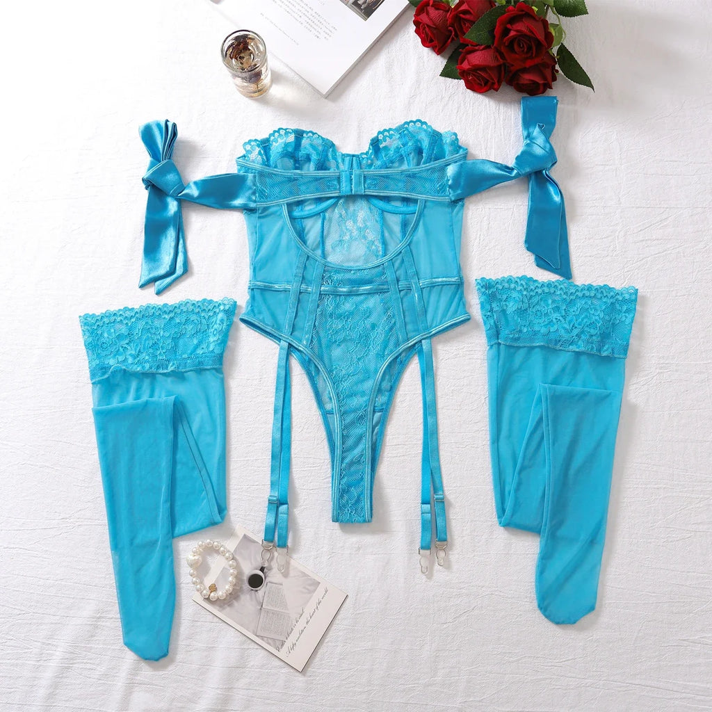 Sugar Midnight Lace Sheer Lingerie Set – Backless Slim-Fit Two-Piece Bodysuit for an Elegant, Curved Silhouette