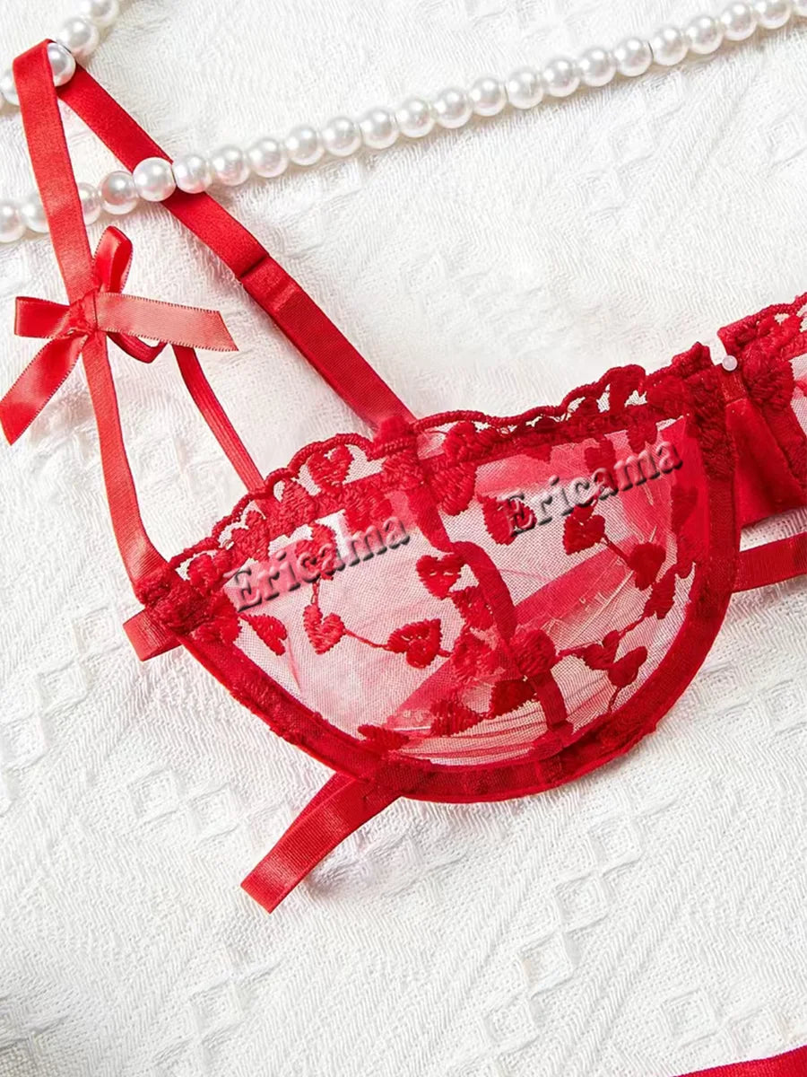 Flirty Heart Lace Lingerie Set – Sexy See-Through Bra & Panty for Women