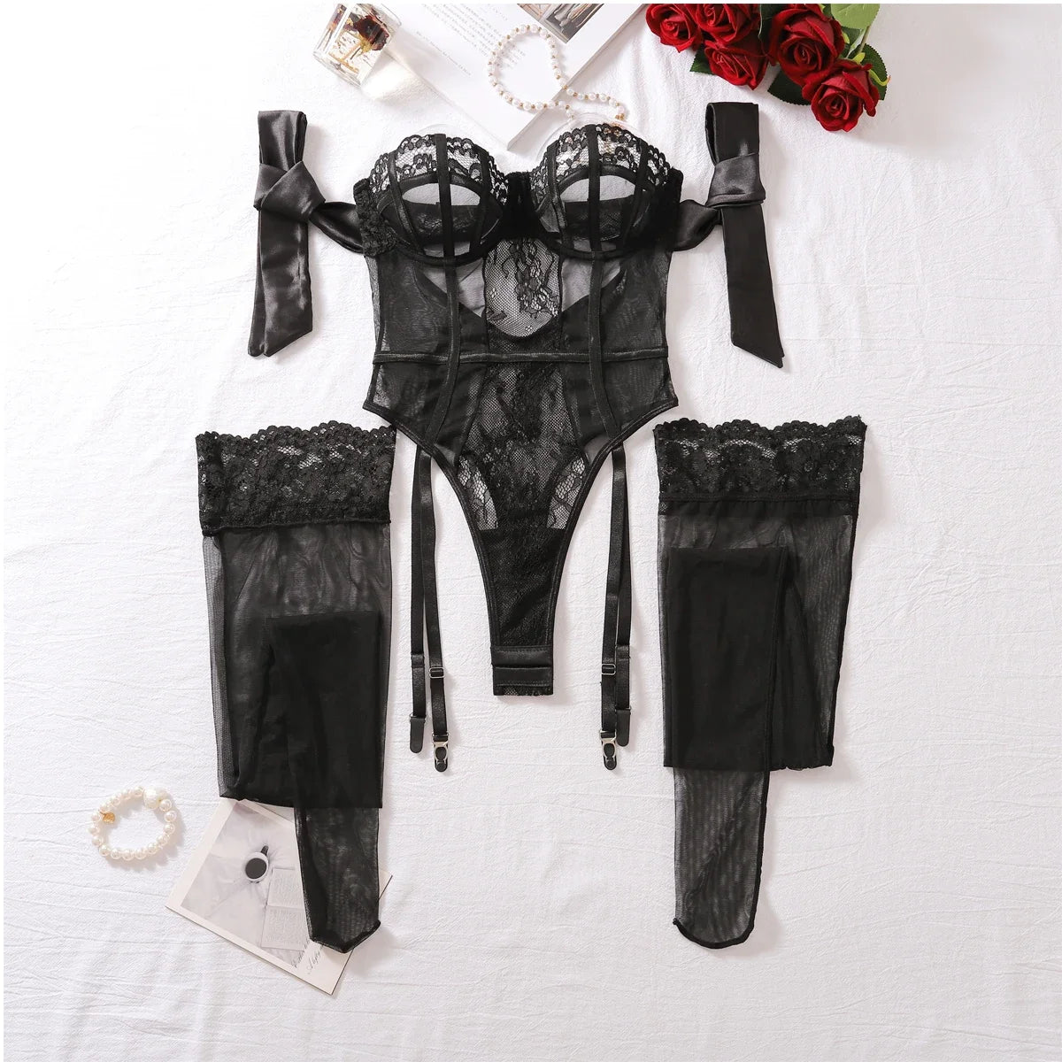 Sugar Midnight Lace Sheer Lingerie Set – Backless Slim-Fit Two-Piece Bodysuit for an Elegant, Curved Silhouette