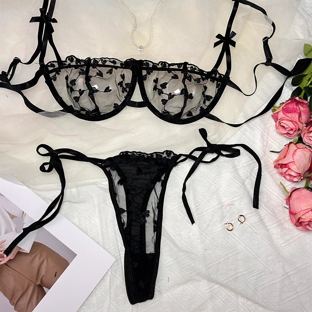 Flirty Heart Lace Lingerie Set – Sexy See-Through Bra & Panty for Women