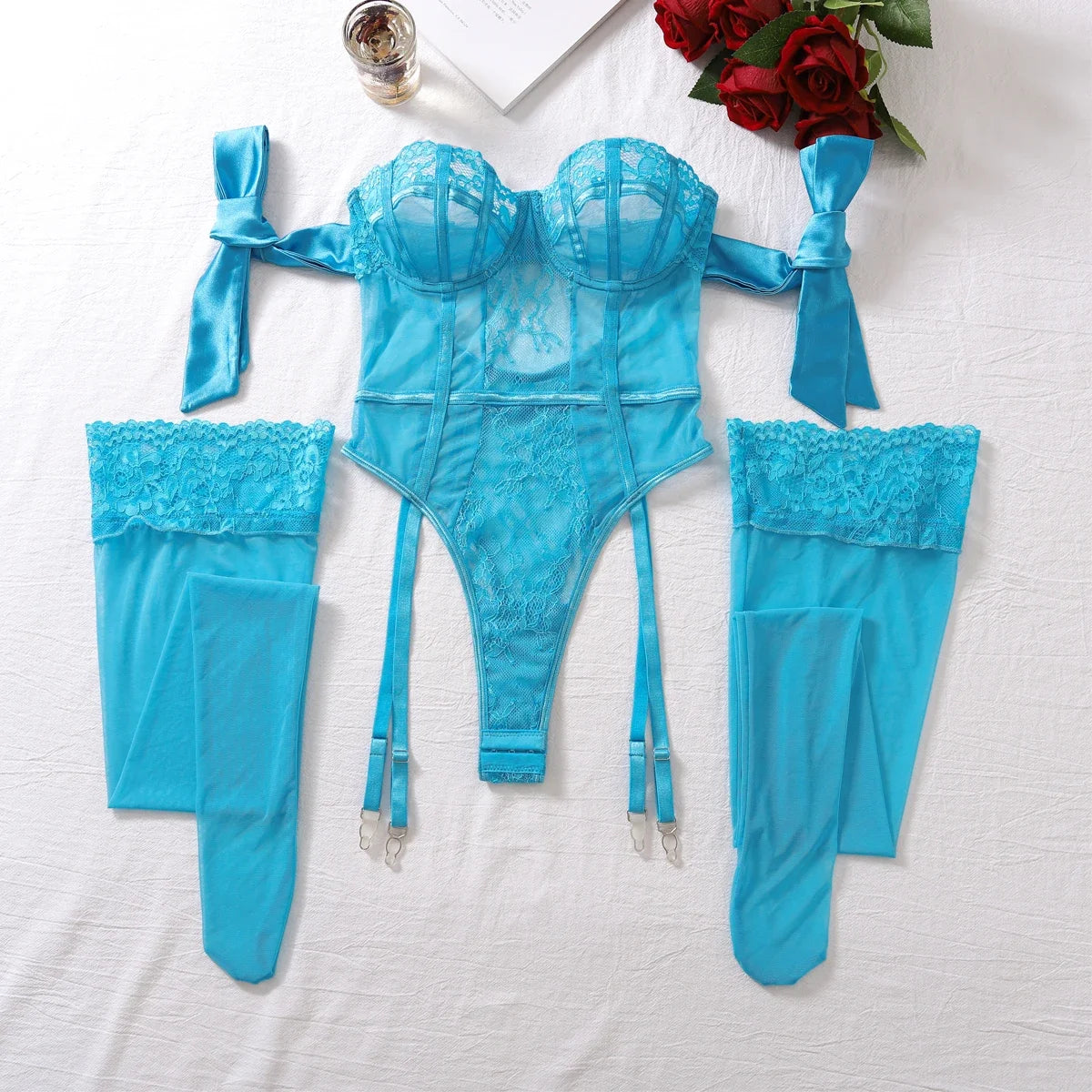 Sugar Midnight Lace Sheer Lingerie Set – Backless Slim-Fit Two-Piece Bodysuit for an Elegant, Curved Silhouette