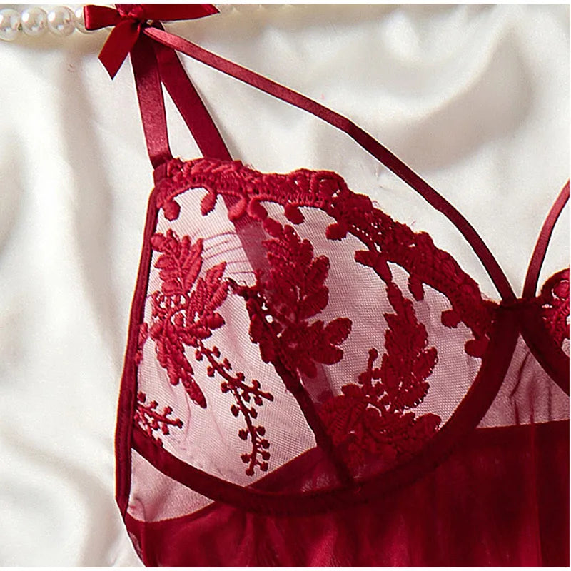 Elegant Wine Red Nightgown – Semi-Sheer Wheat Ear Embroidery & Bow Accent