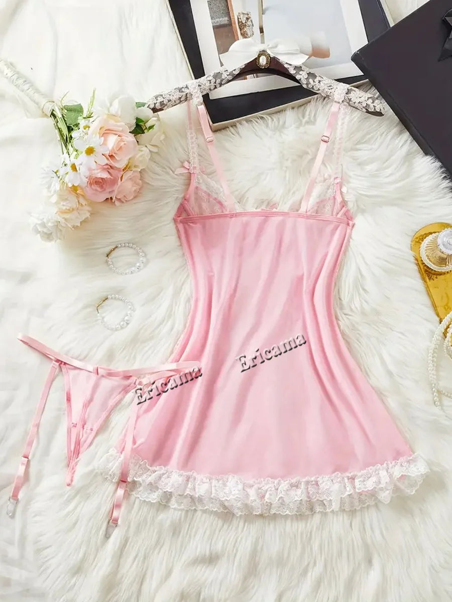 Sugar Midnight Sexy Two-Piece Lingerie Set – See-Through Lace Suspender Set for Women