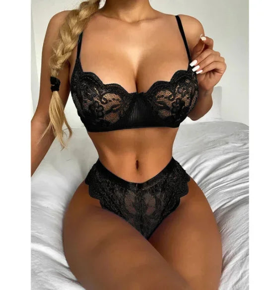 Lace Lingerie Set – Sheer Bra, Panty & Garter Belt Set | Elegant Babydoll Nightwear for Women