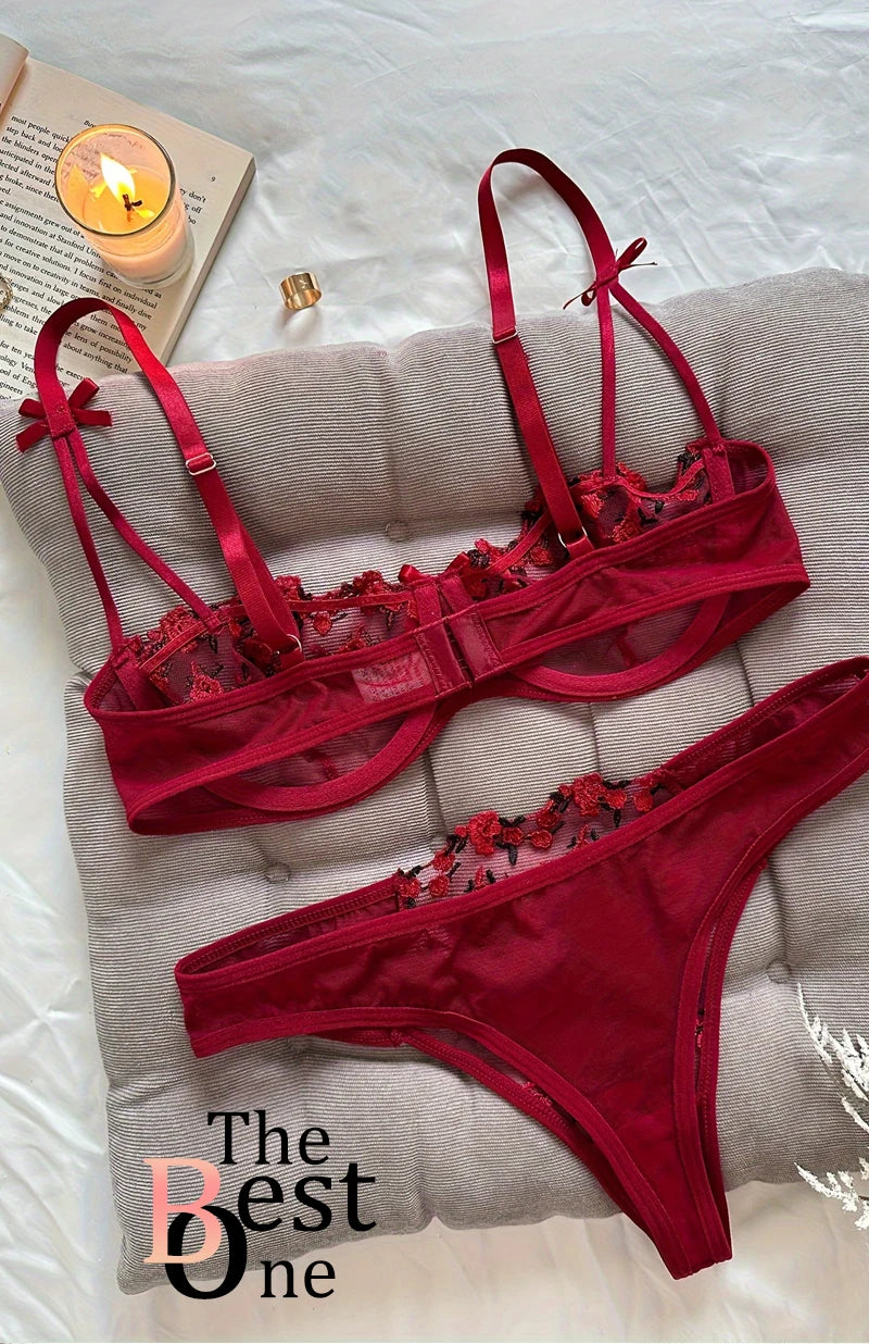 Night Beautiful Sexy Women 2 Piece floral Embroidery Underwear Sexy Erotic lingerie underwear Set