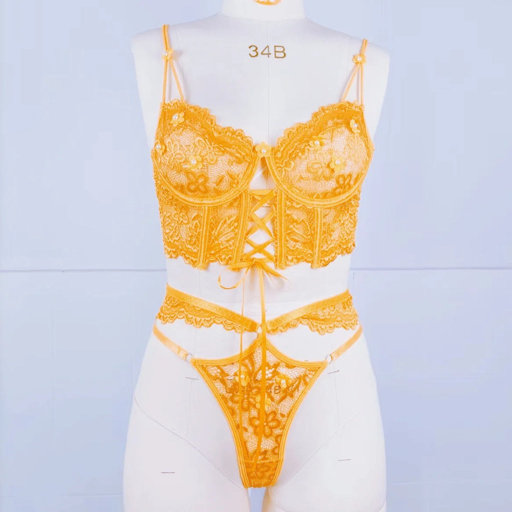 Flirty Beaded Floral Lace Bra & Panty – Sexy Hollow-Out Lingerie Set