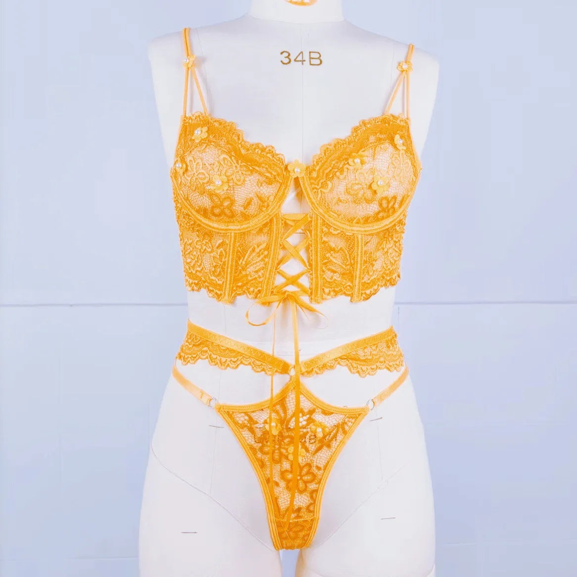 Flirty Beaded Floral Lace Bra & Panty – Sexy Hollow-Out Lingerie Set