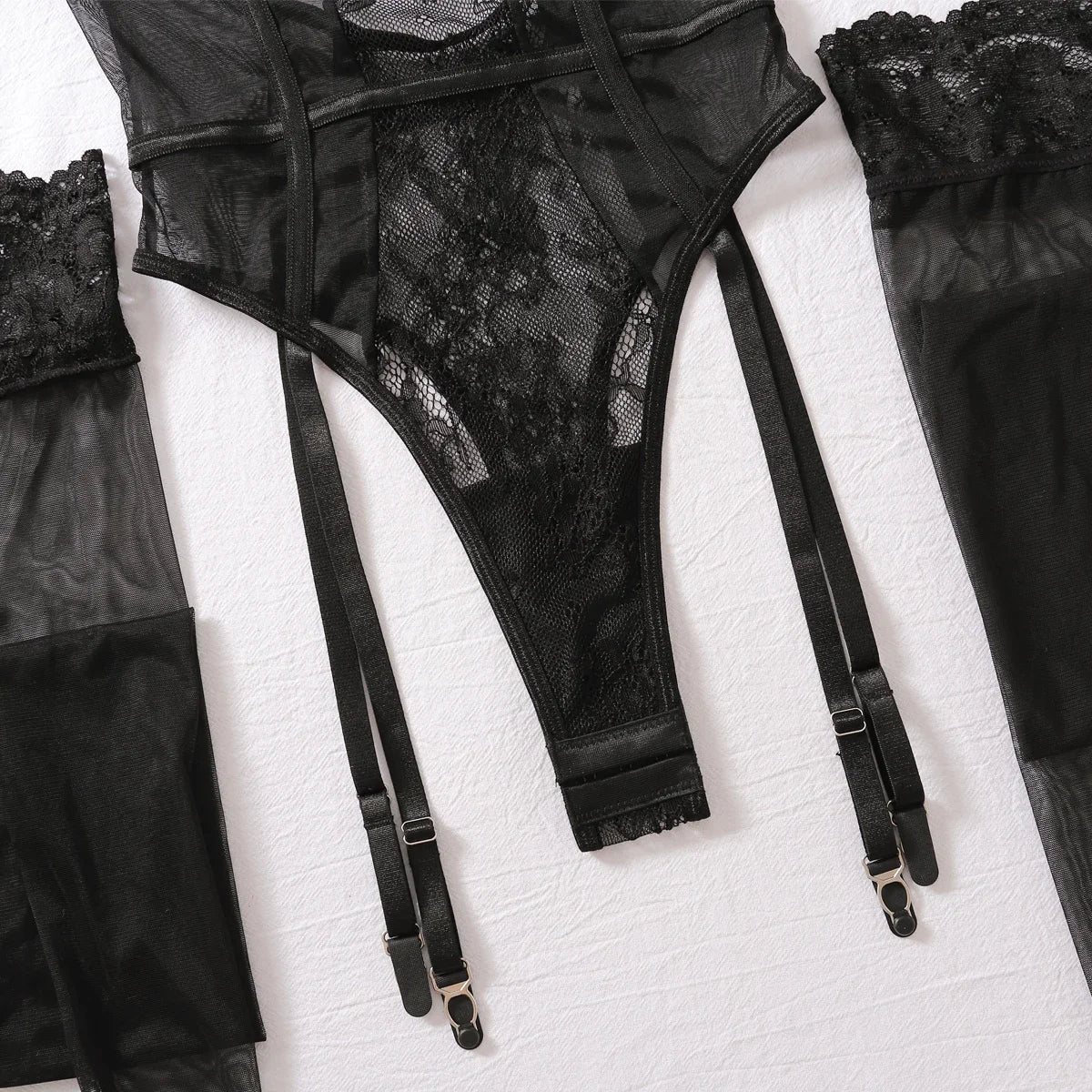 Sugar Midnight Lace Sheer Lingerie Set – Backless Slim-Fit Two-Piece Bodysuit for an Elegant, Curved Silhouette