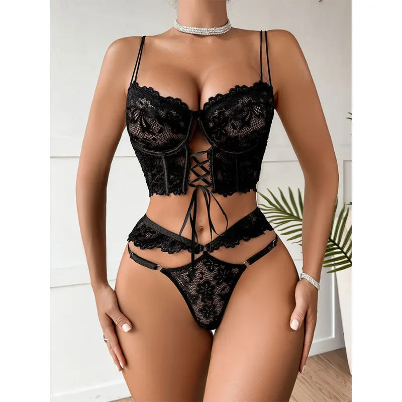 Sugar Midnight Floral Lace Lingerie Set – Push-Up Bra & Matching Panty | Elegant Large-Size Women’s Underwear Set