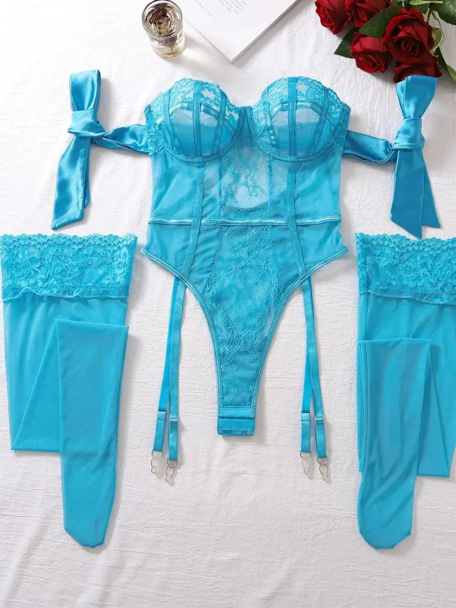 Sugar Midnight Lace Sheer Lingerie Set – Backless Slim-Fit Two-Piece Bodysuit for an Elegant, Curved Silhouette