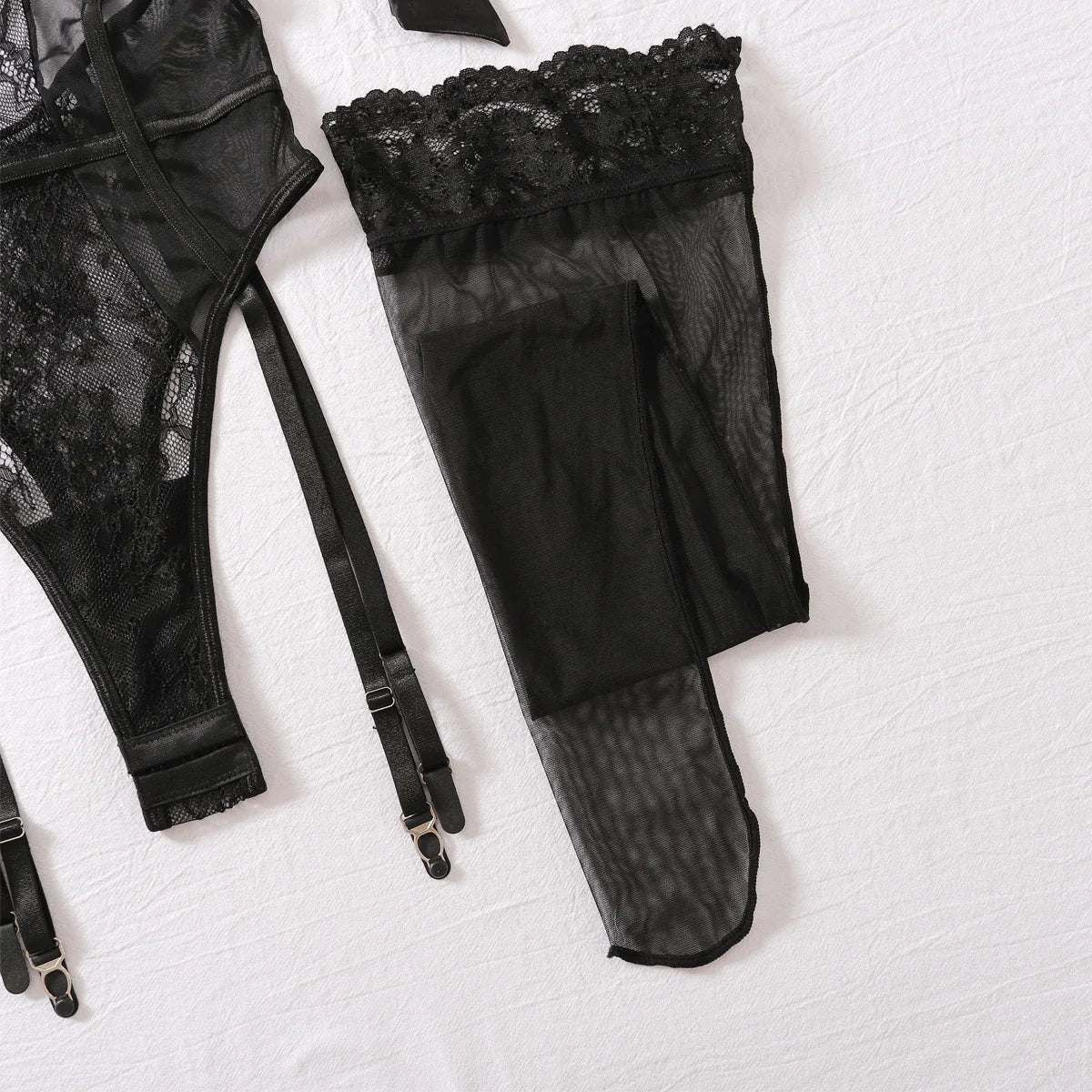 Sugar Midnight Lace Sheer Lingerie Set – Backless Slim-Fit Two-Piece Bodysuit for an Elegant, Curved Silhouette