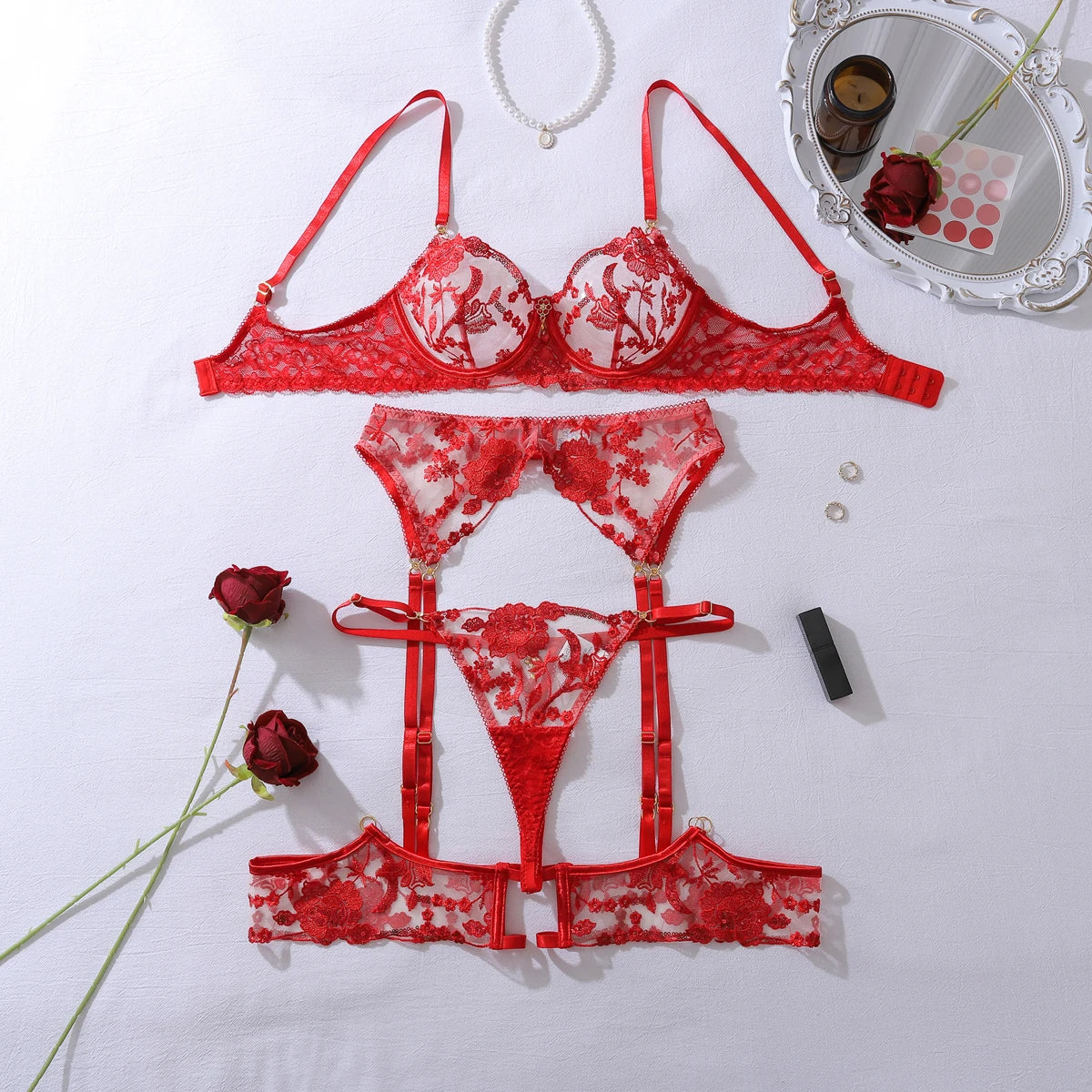 Sugar Midnight Sparkling Red Sequin “Honey” 5PC Lingerie Set