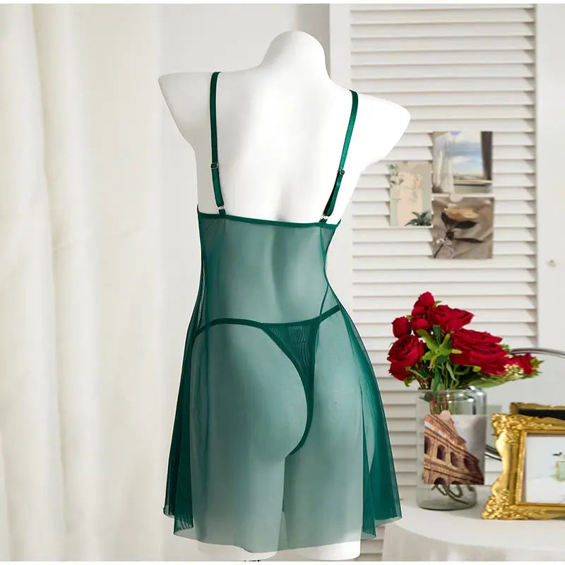 Elegant Wine Red Nightgown – Semi-Sheer Wheat Ear Embroidery & Bow Accent