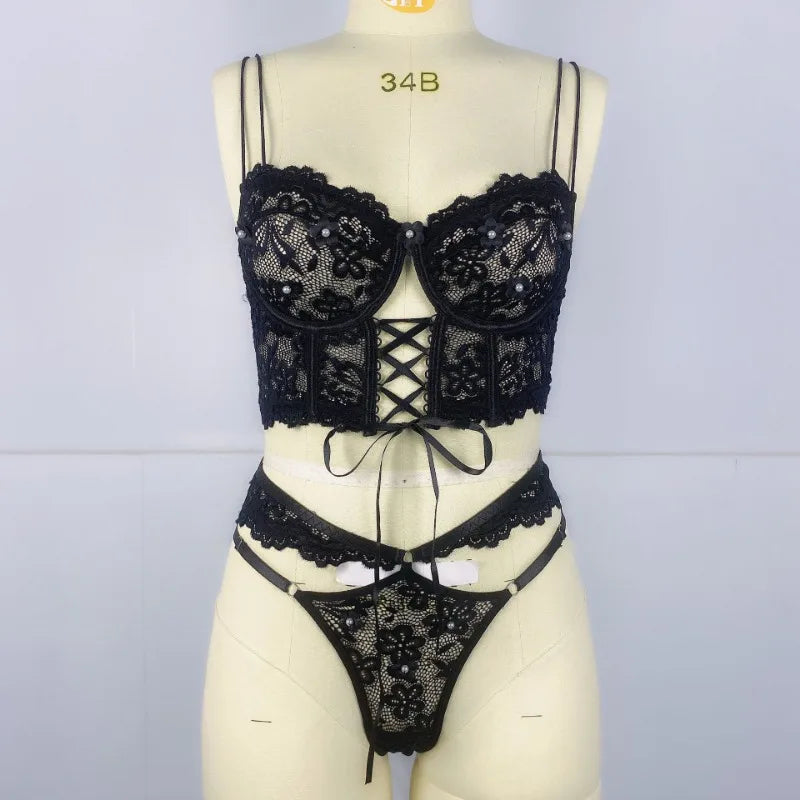 Flirty Beaded Floral Lace Bra & Panty – Sexy Hollow-Out Lingerie Set