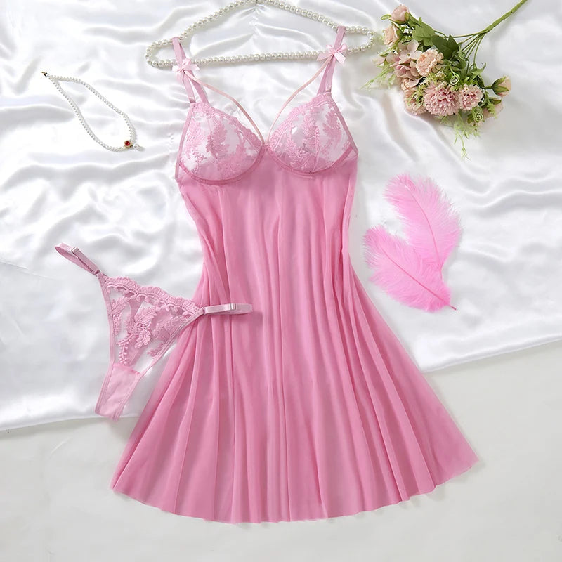 Elegant Wine Red Nightgown – Semi-Sheer Wheat Ear Embroidery & Bow Accent