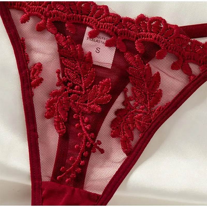 Elegant Wine Red Nightgown – Semi-Sheer Wheat Ear Embroidery & Bow Accent