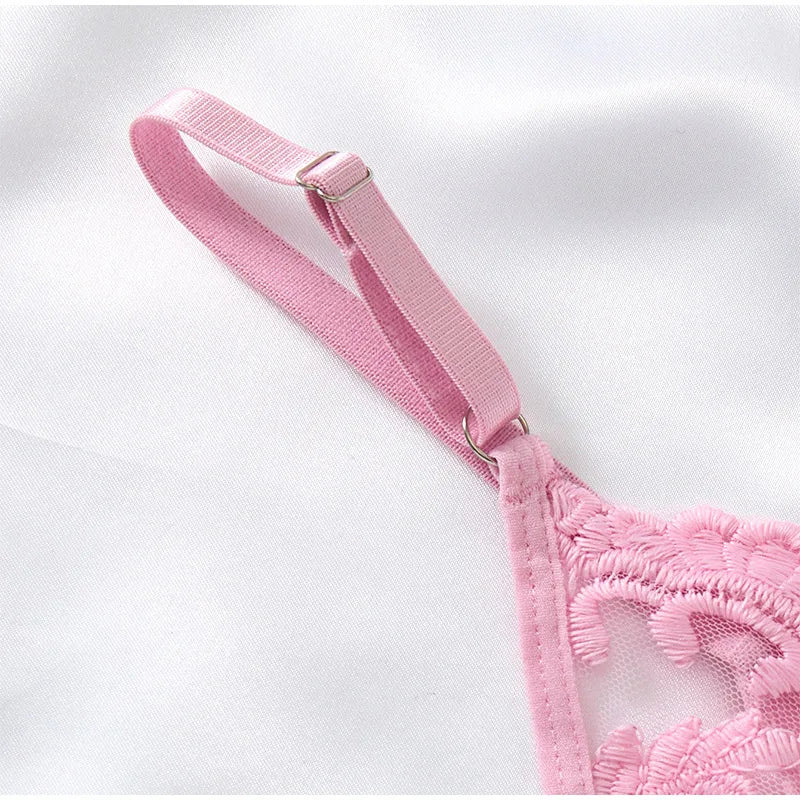 Elegant Wine Red Nightgown – Semi-Sheer Wheat Ear Embroidery & Bow Accent