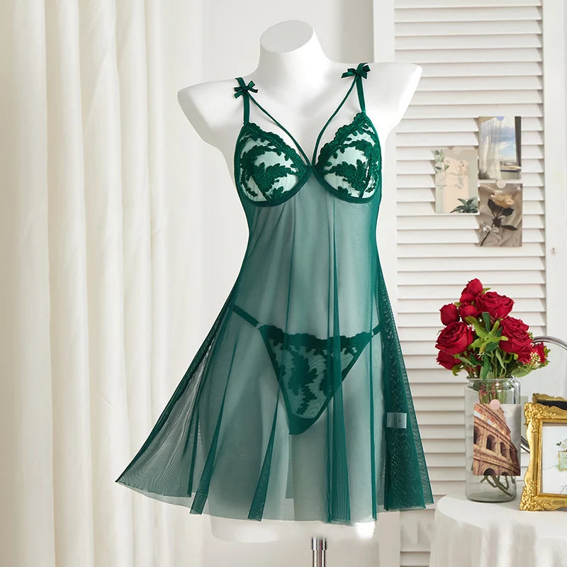 Elegant Wine Red Nightgown – Semi-Sheer Wheat Ear Embroidery & Bow Accent