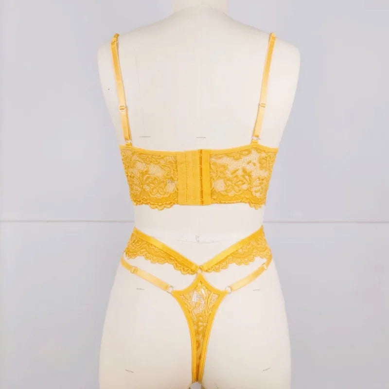 Flirty Beaded Floral Lace Bra & Panty – Sexy Hollow-Out Lingerie Set