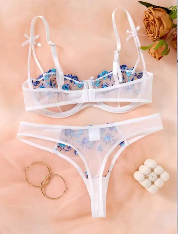Night Beautiful Sexy Women 2 Piece floral Embroidery Underwear Sexy Erotic lingerie underwear Set