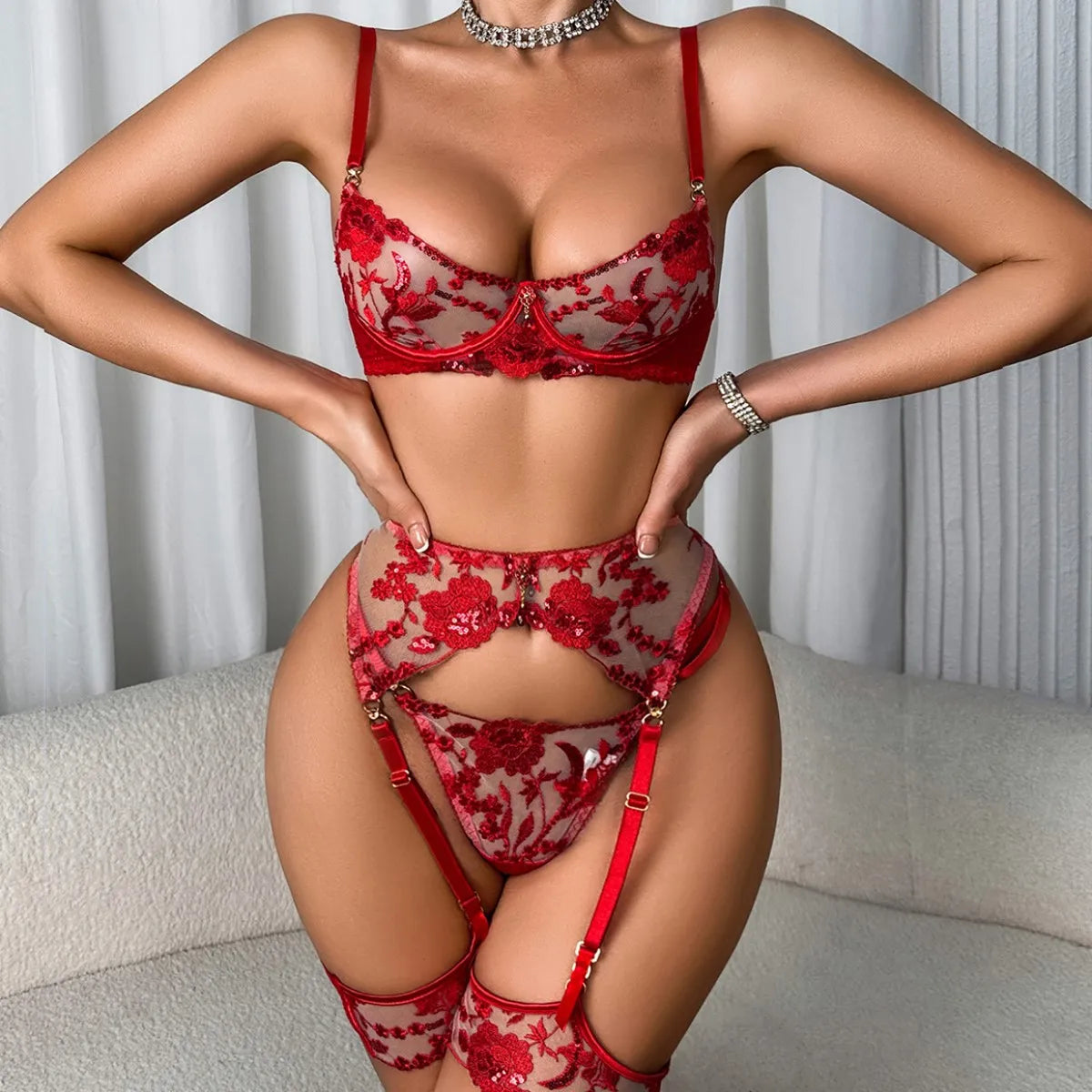 Sugar Midnight Sparkling Red Sequin “Honey” 5PC Lingerie Set