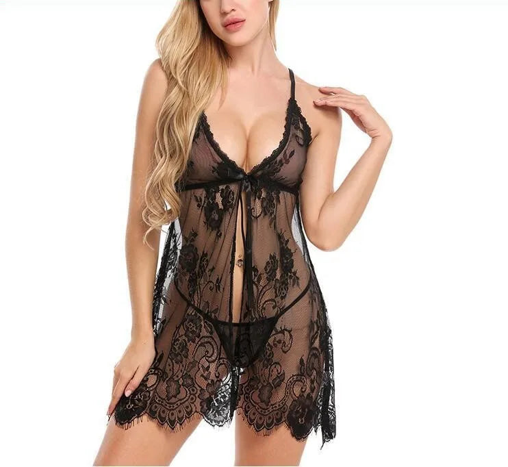 Sugar Midnight Sheer Lace Nightdress  Deep V-Neck Babydoll Sleepwear for Women | Elegant Club & Evening Lingerie