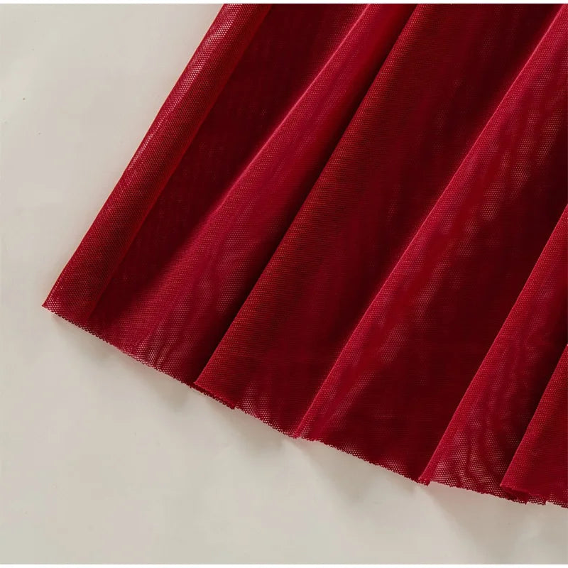 Elegant Wine Red Nightgown – Semi-Sheer Wheat Ear Embroidery & Bow Accent