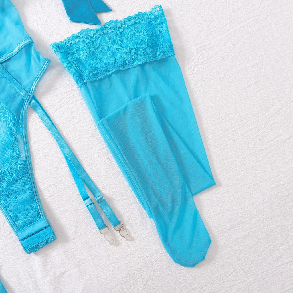 Sugar Midnight Lace Sheer Lingerie Set – Backless Slim-Fit Two-Piece Bodysuit for an Elegant, Curved Silhouette