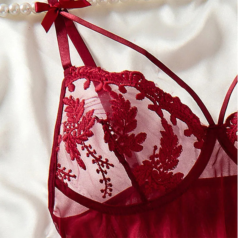 Elegant Wine Red Nightgown – Semi-Sheer Wheat Ear Embroidery & Bow Accent