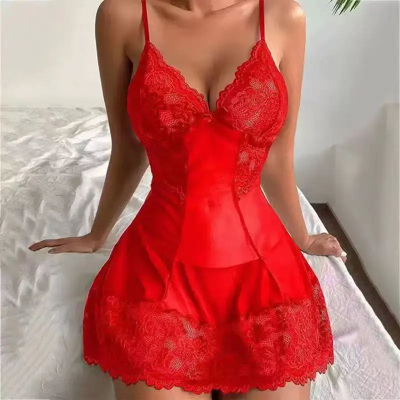 Elegant Lace Babydoll Chemise – Deep V Nightdress with Bow, Plus-Size Sleepwear