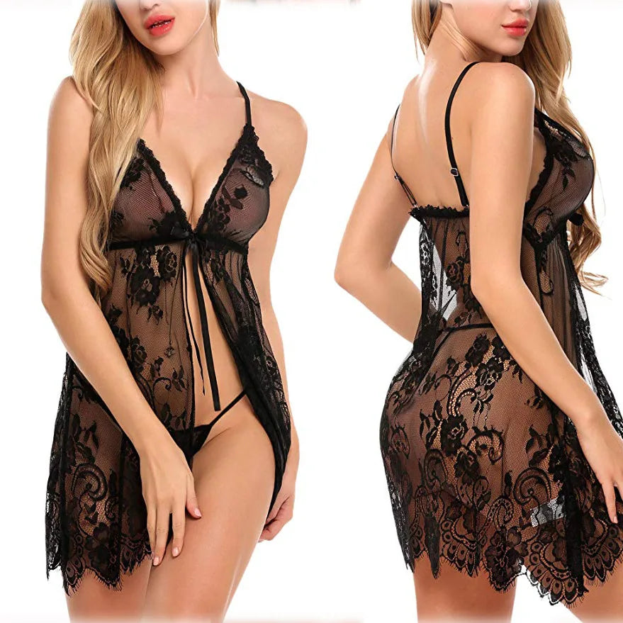 Sugar Midnight Sheer Lace Nightdress  Deep V-Neck Babydoll Sleepwear for Women | Elegant Club & Evening Lingerie