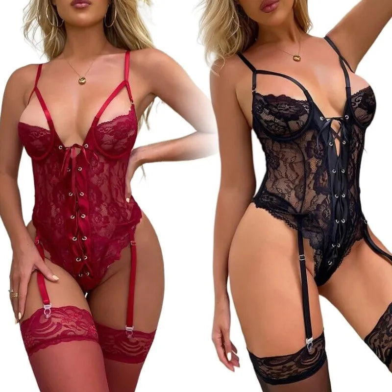 Women’s Lace Nightwear – Open-Front Exotic One-Piece Lingerie Bodysuit