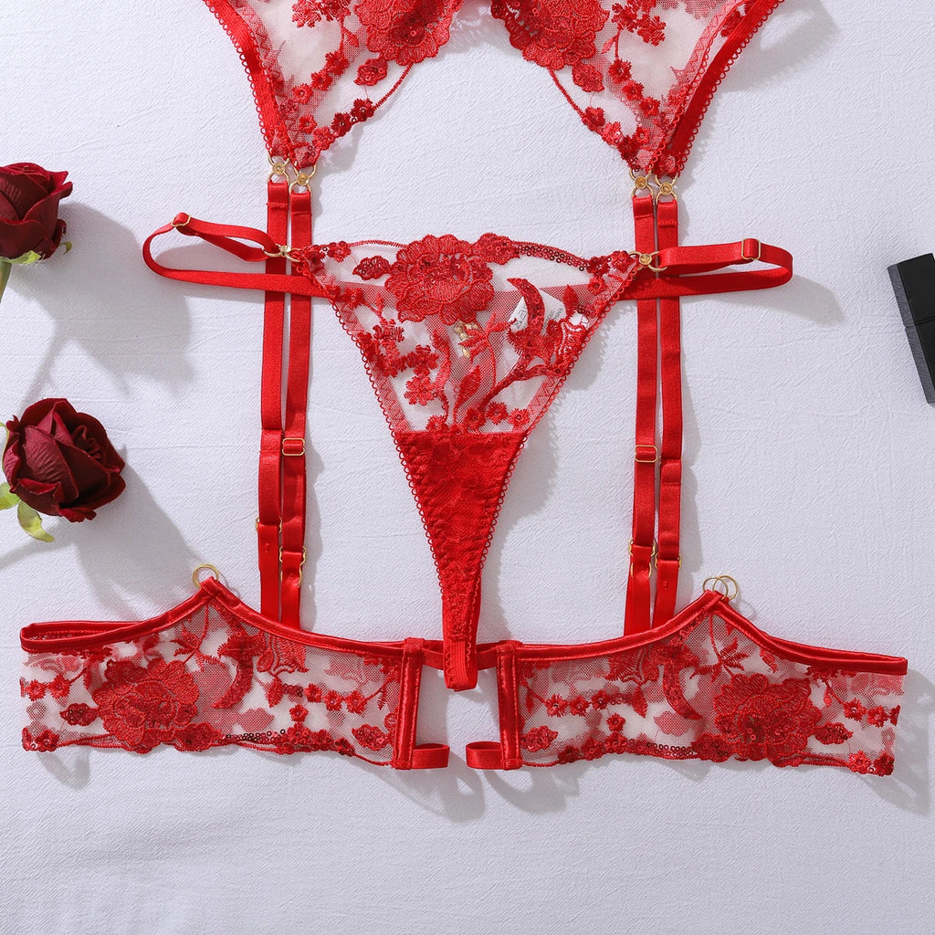 Sugar Midnight Sparkling Red Sequin “Honey” 5PC Lingerie Set