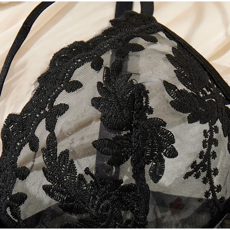 Elegant Wine Red Nightgown – Semi-Sheer Wheat Ear Embroidery & Bow Accent