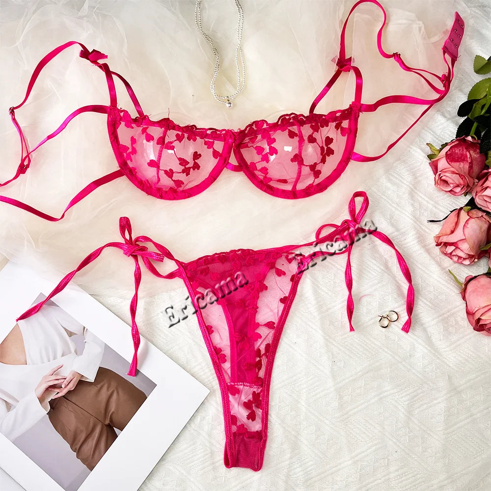 Flirty Heart Lace Lingerie Set – Sexy See-Through Bra & Panty for Women