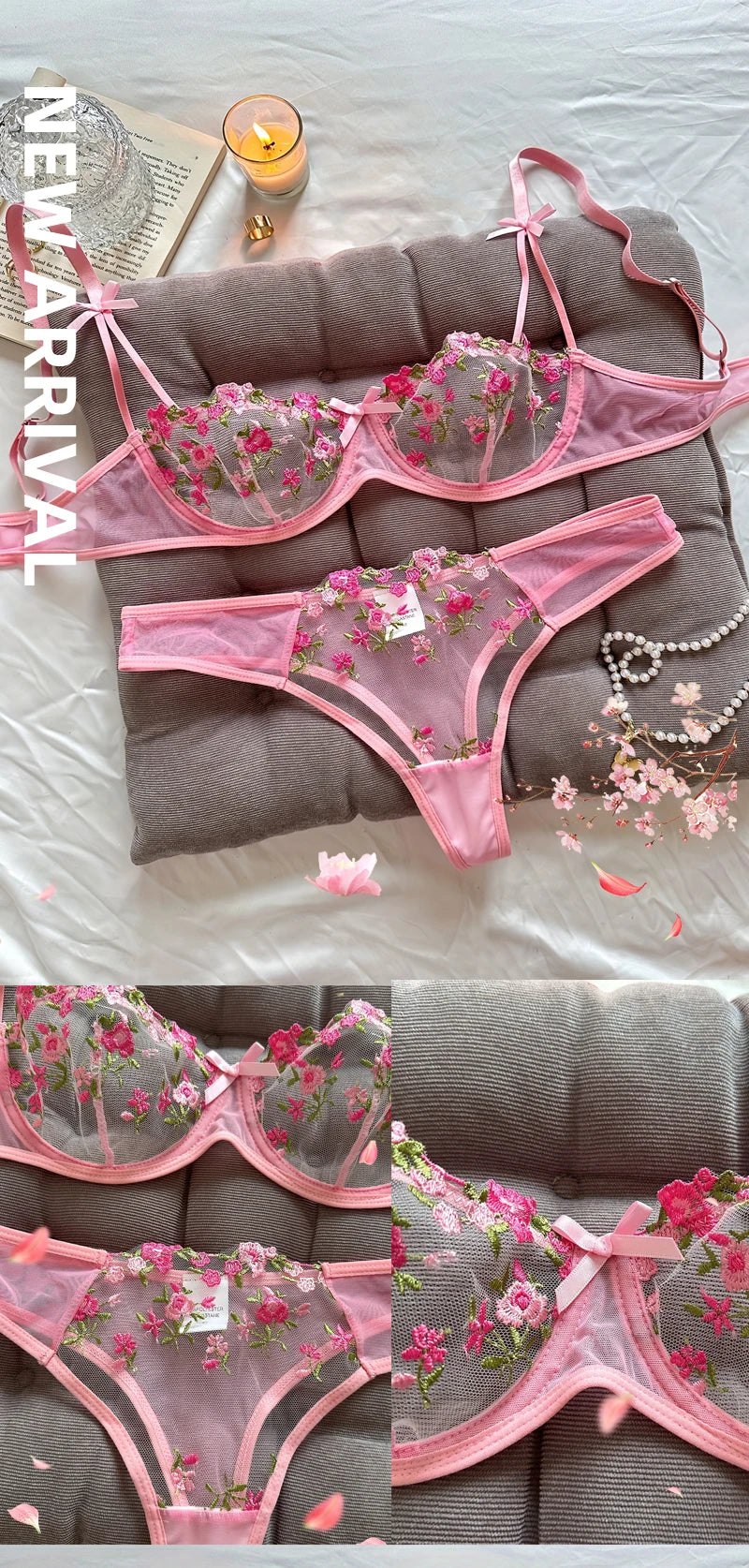 Night Beautiful Sexy Women 2 Piece floral Embroidery Underwear Sexy Erotic lingerie underwear Set