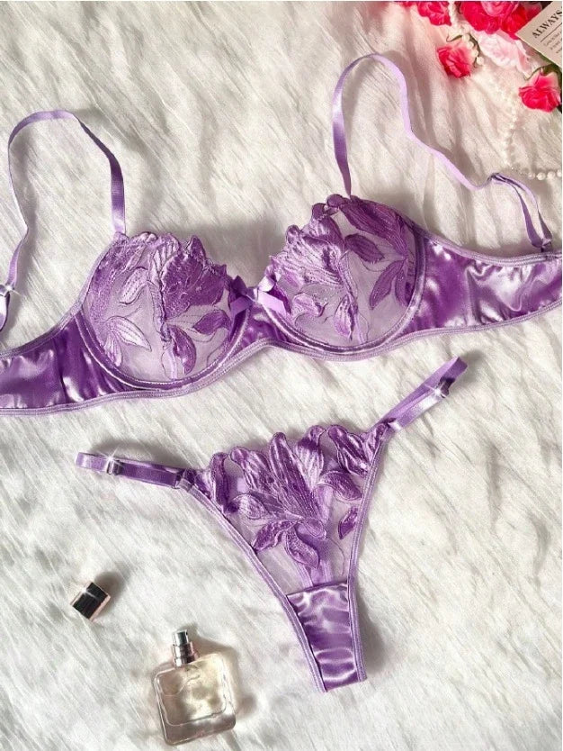 Exquisite Floral Lace Two-Piece Lingerie – Sexy Ultrathin Bra & Panty Set
