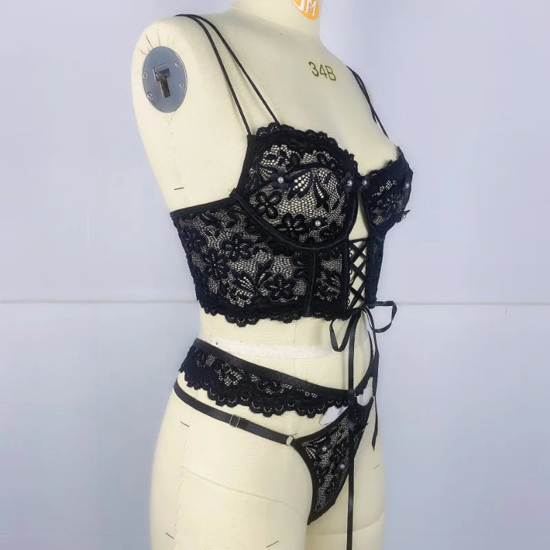 Flirty Beaded Floral Lace Bra & Panty – Sexy Hollow-Out Lingerie Set