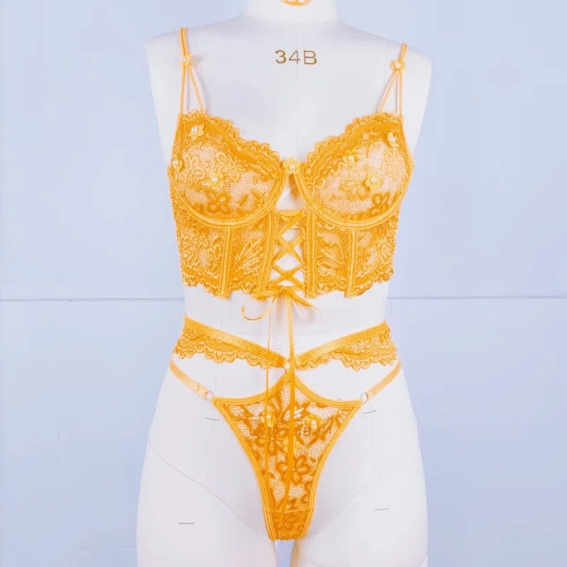 Flirty Beaded Floral Lace Bra & Panty – Sexy Hollow-Out Lingerie Set